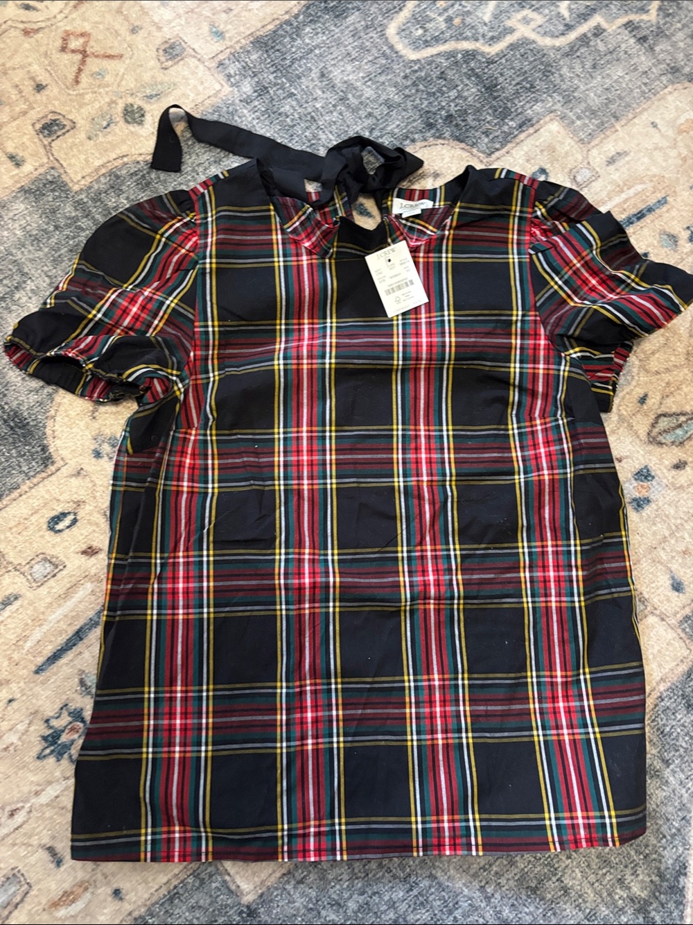 NWT. J. Crew Black Plaid Tie-Neck blouse size xs